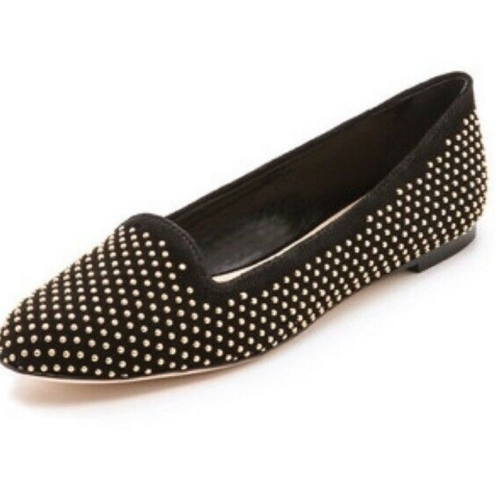 Loeffler Randall Black Suede Studded Pointed Flats with Gold Studs